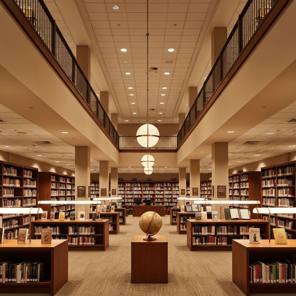 Intérieur moderne de centre de connaissances avec éclairage architectural chaleureux, ombres profondes, atmosphère savante et livres