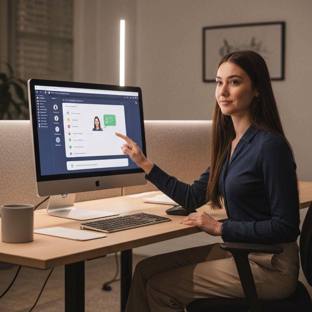 Interface de communication professionnelle, éclairage chaud, espace de travail professionnel calme, esthétique institutionnelle fiable