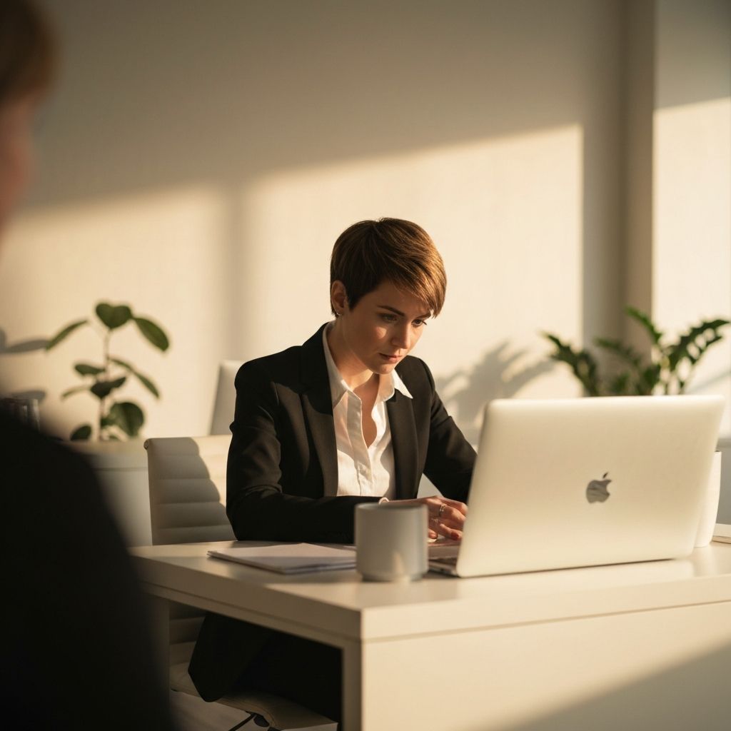 Personne en profonde concentration, éclairage doux et chaud, environnement de travail minimaliste moderne et calme
