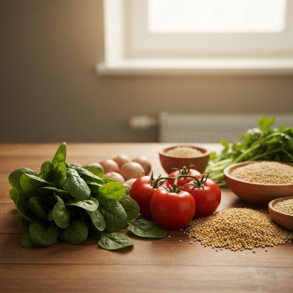 Aliments naturels frais et textures, éclairage naturel chaleureux, surfaces en bois, palette de couleurs professionnelle