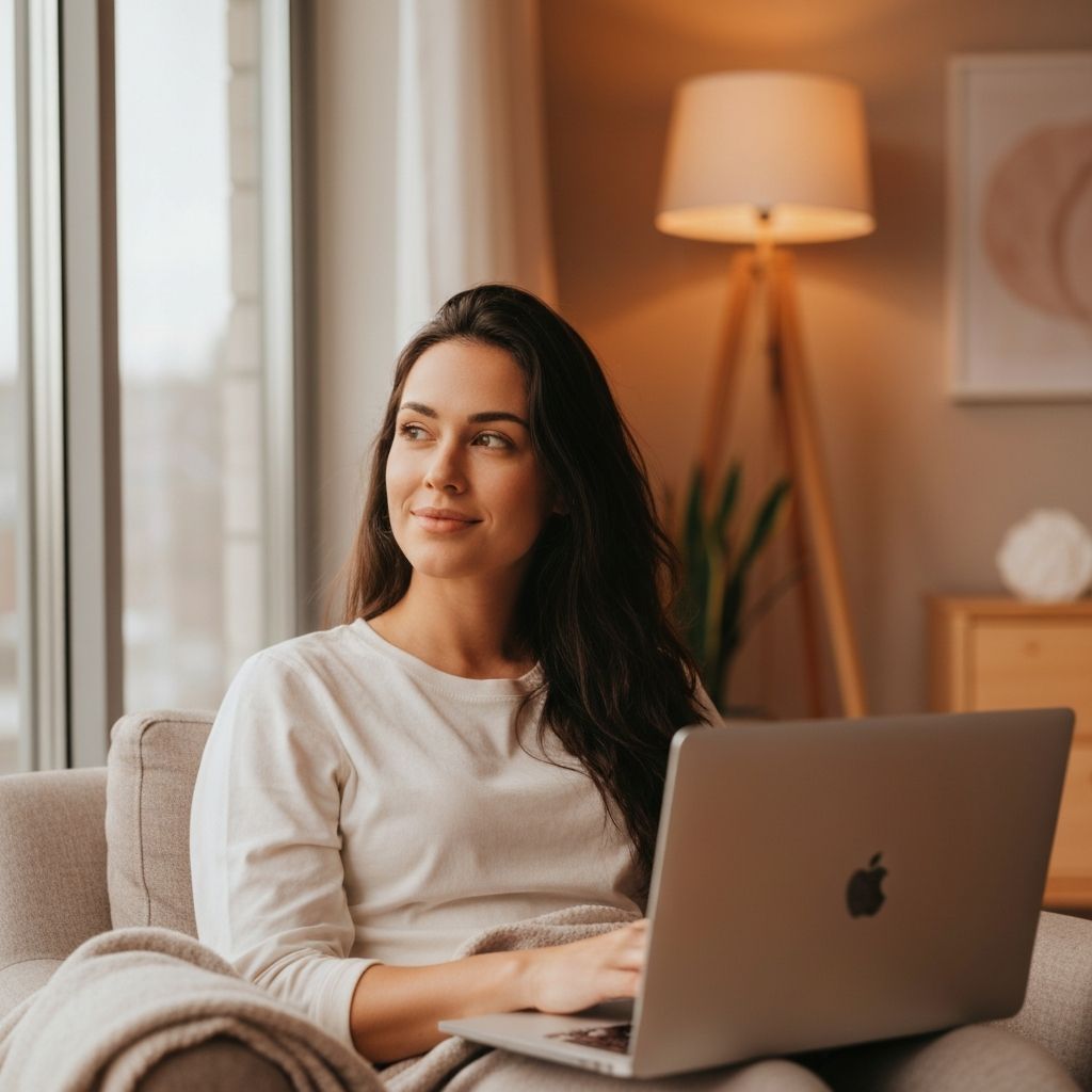 Personne faisant une pause loin de l'écran, regard détourné, lumière naturelle de fenêtre, environnement intérieur paisible