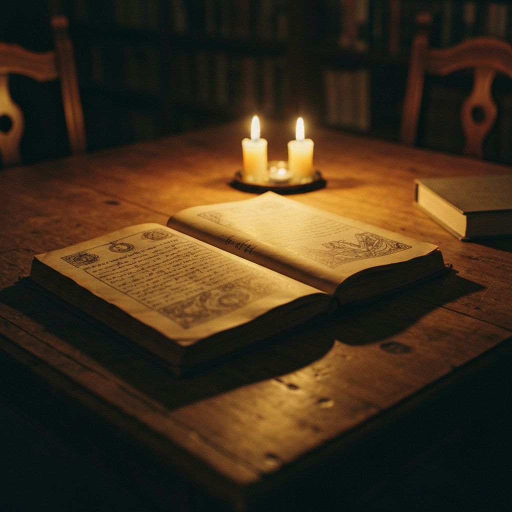 Livre ancien et document avec éclairage à la bougie, atmosphère historique savante, ombres profondes et tons chauds